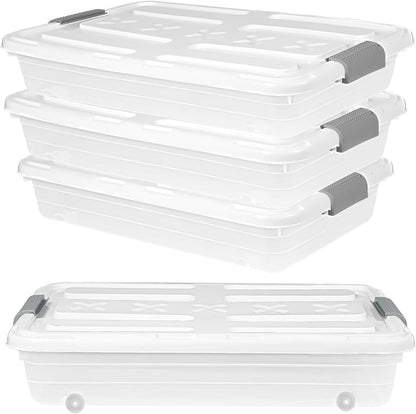 4 PCS*49 Qt Wheeled Latching Under Bed Storage, Double Opening Lids Stackable Bin with Latch Lid, Plastic Container to Organize Shoes Underbed, Clear with White Lid(White)