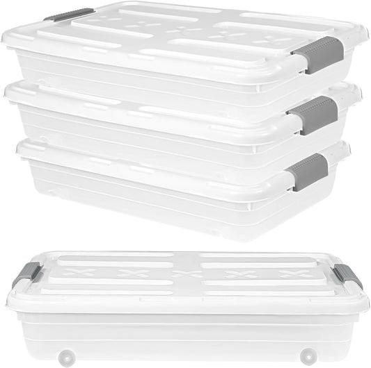 4 PCS*49 Qt Wheeled Latching Under Bed Storage, Double Opening Lids Stackable Bin with Latch Lid, Plastic Container to Organize Shoes Underbed, Clear with White Lid(White)