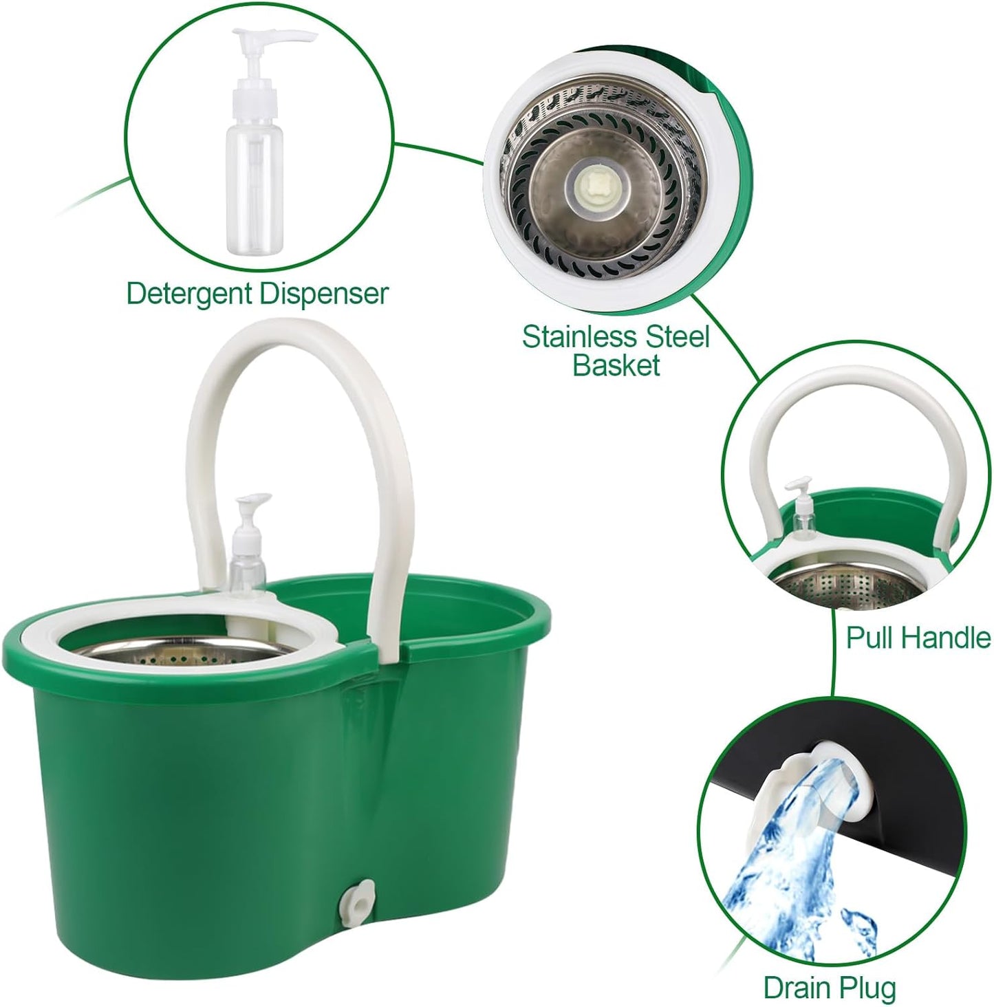 Spin Mop and Bucket with Wringer Set, 360° Rotating Head Mop Bucket System with 3 Microfiber Mop Refills Wet and Dry Suitable for Office and Home Use, Green (Black-Plus)