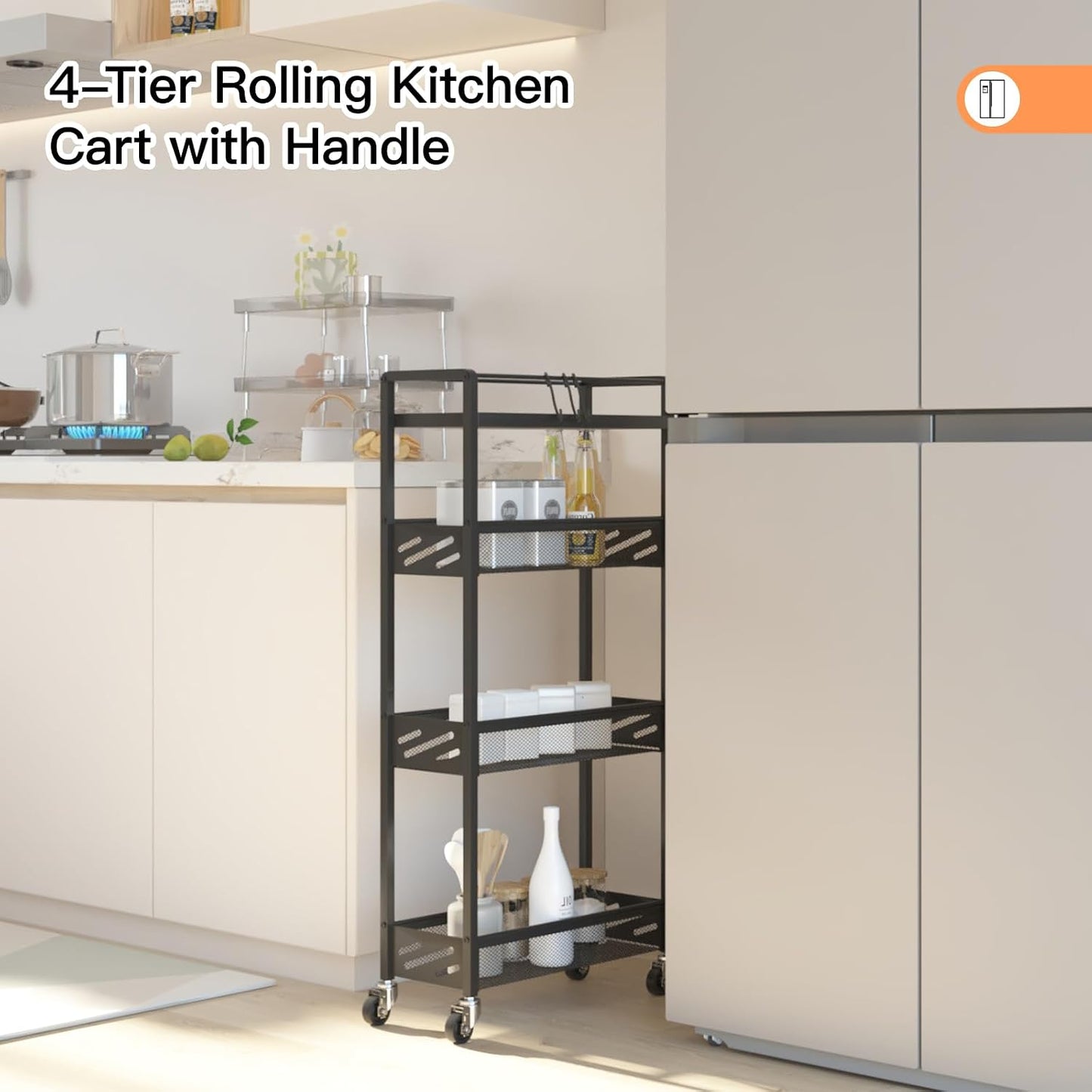 DGSNADGO Slim Rolling Storage Cart, 4-Tier Kitchen Cart on Wheels, Narrow Utility Cart with Handle and Wooden Tabletop for Small Space in Kitchen, Living Room, Bathroom, Laundry Room, Beige and White