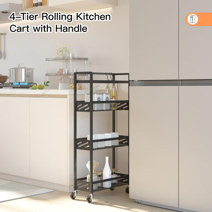 DGSNADGO Slim Rolling Storage Cart, 4-Tier Kitchen Cart on Wheels, Narrow Utility Cart with Handle and Wooden Tabletop for Small Space in Kitchen, Living Room, Bathroom, Laundry Room, Beige and White