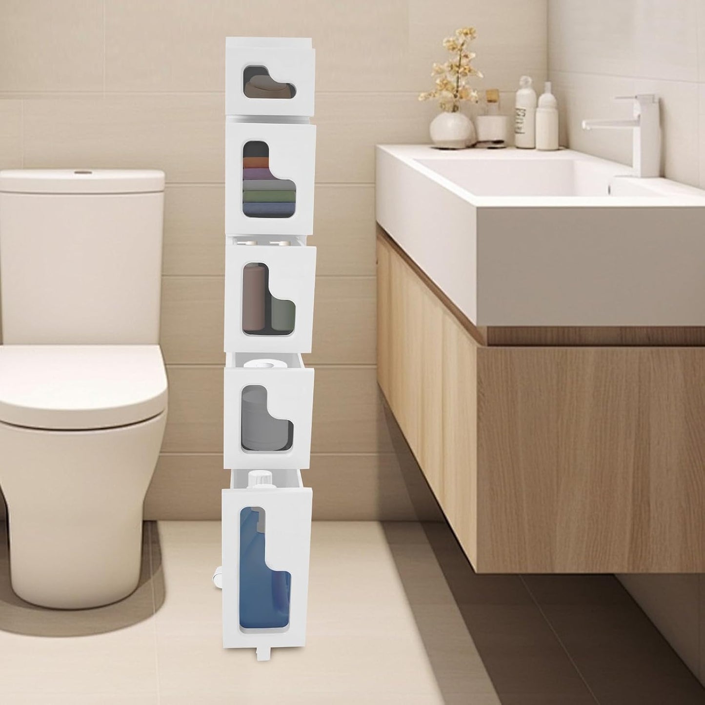 Narrow Bathroom Storage Cabinet with Drawers, 5.5" Slim Floor Standing Rolling Cart on Lockable Wheels, PP Unit with Toilet Paper Holder for Small Space, Kitchen, Laundry Room (3 Tier)