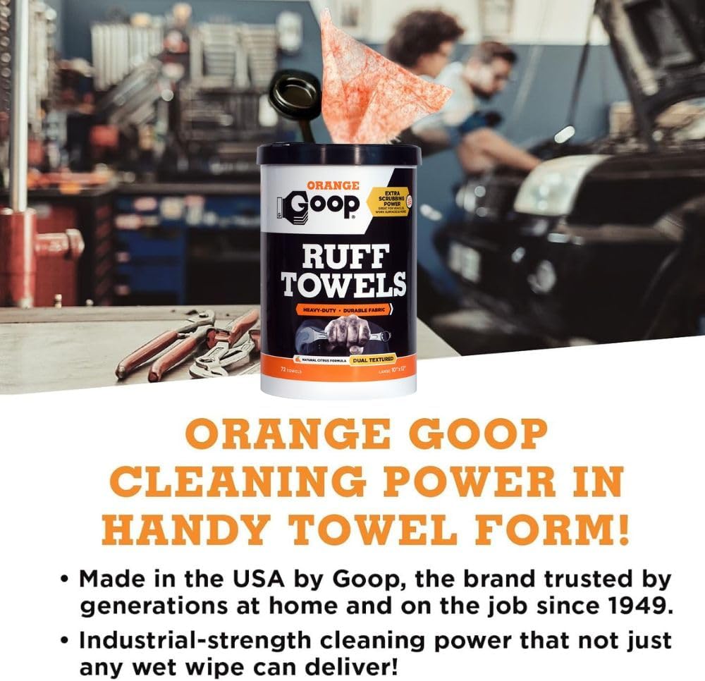 GOOP Orange Heavy Duty Ruff Towels with Scrubbing Power, 10” x 12” Dual Textured Multi-Purpose Cleaning Wipes, Removes Dirt, Grease, Oil, 72 Count