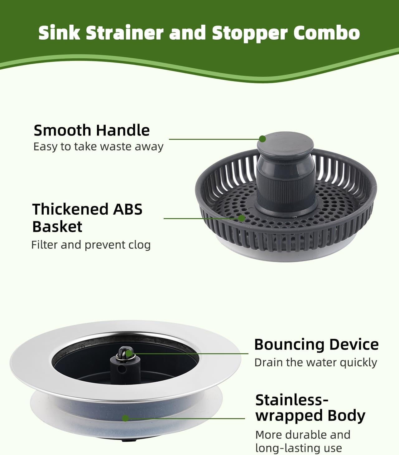 All Metal Sink Drain Strainer for Kitchen Sink, Universal Fit | Pop Up 3-in-1 Sink Stopper Drainer, 304 Stainless Steel Basket for US Standard 3-1/2 inch Drain Filter, Anti-clog