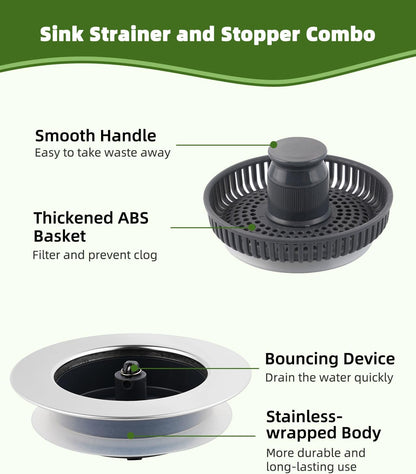 All Metal Sink Drain Strainer for Kitchen Sink, Universal Fit | Pop Up 3-in-1 Sink Stopper Drainer, 304 Stainless Steel Basket for US Standard 3-1/2 inch Drain Filter, Anti-clog