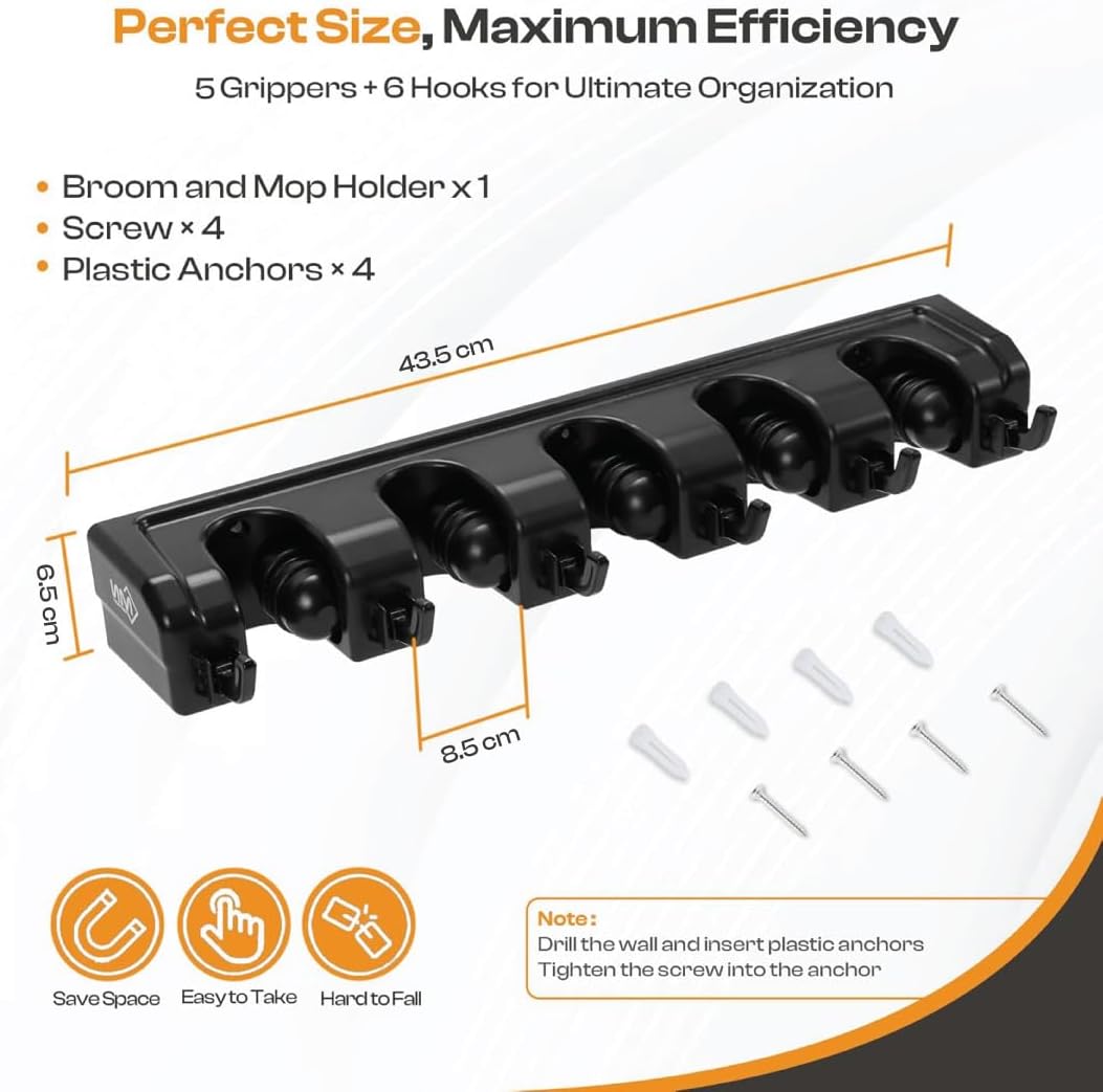 Heavy-Duty Stainless-Steel Broom Holder Wall Mount with 3 Racks and 4 Hooks | Waterproof Mop and Broom Hanger | Adjustable, Garage & Garden Tool Organizer | Black
