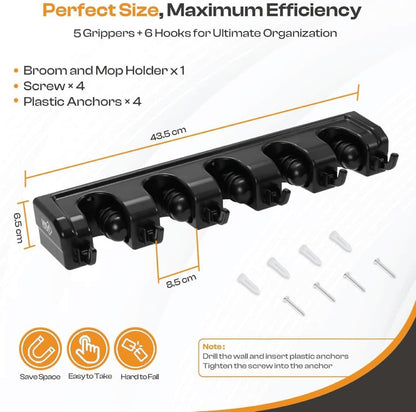 Heavy-Duty Stainless-Steel Broom Holder Wall Mount with 3 Racks and 4 Hooks | Waterproof Mop and Broom Hanger | Adjustable, Garage & Garden Tool Organizer | Black