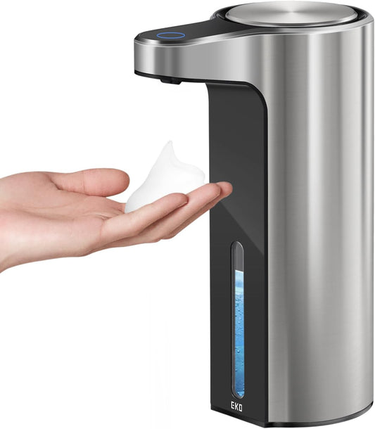 EKO Automatic Foaming Soap Dispenser, Touchless Foam Hand Soap Dispenser for Bathroom and Kitchen, Water-Resistant and Rechargeable, 9 fl oz, Modern Design for Homes and Offices (Stainless)