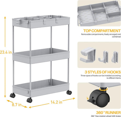 SPACELEAD 3 Tier Rolling Cart with Wheels, Storage Craft Art Trolley Organizer Serving, 3 Hanging Baskets Easy Assembly, for Office, Bathroom，Living Room, Kitchen, White