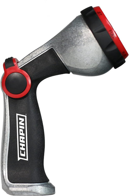 Chapin 4600 Professional Heavy Duty Galvanized Steel 7-way Spray Nozzle With Ergonomic Rubber Grip, Silver/Red