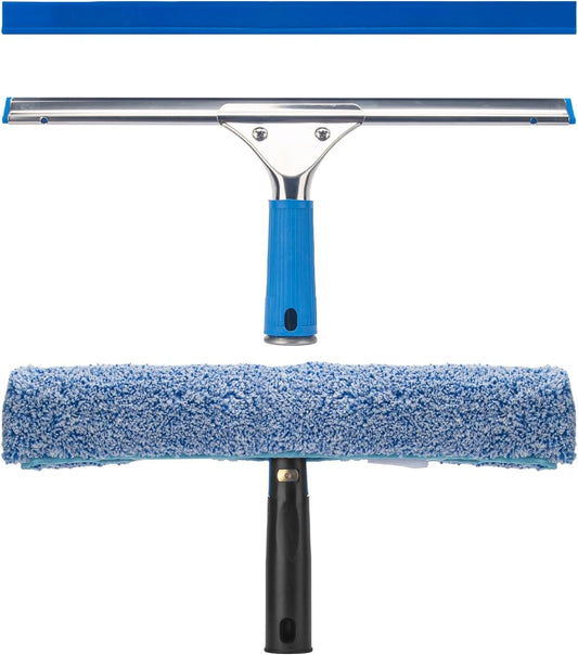 Professional Window Cleaning Kit, 14" Rubber Squeegee with 15" Microfiber Scrubber, Window Cleaning Tool for Home, Window Washing Equipment Commercial & Household Use