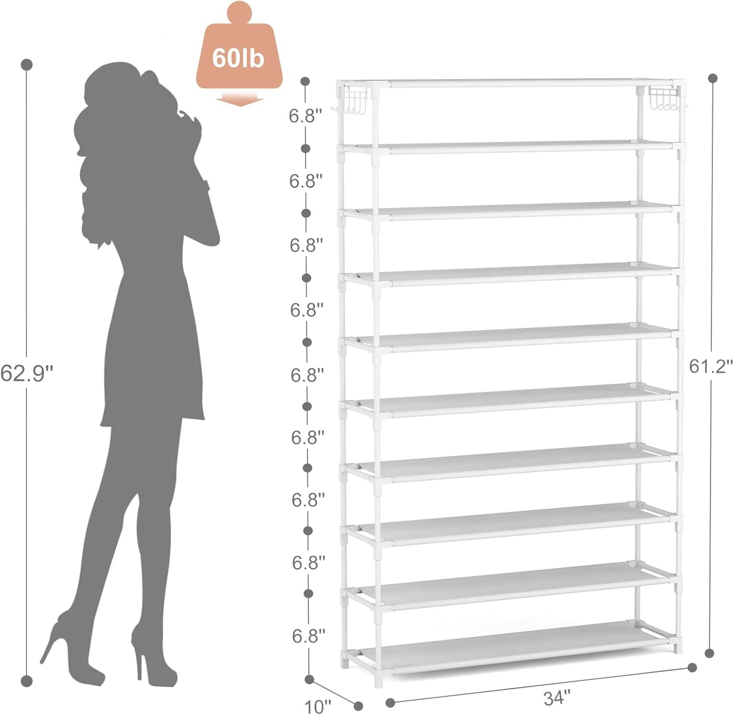 LANTEFUL 10 Tiers Shoe Rack 50 Pairs Large Capacity Tall Shoe Organizer Sturdy Shoe Storage with Two Hooks Space Saving Metal Wide Shoe Rack for Closet, Entryway, Bedroom, Black
