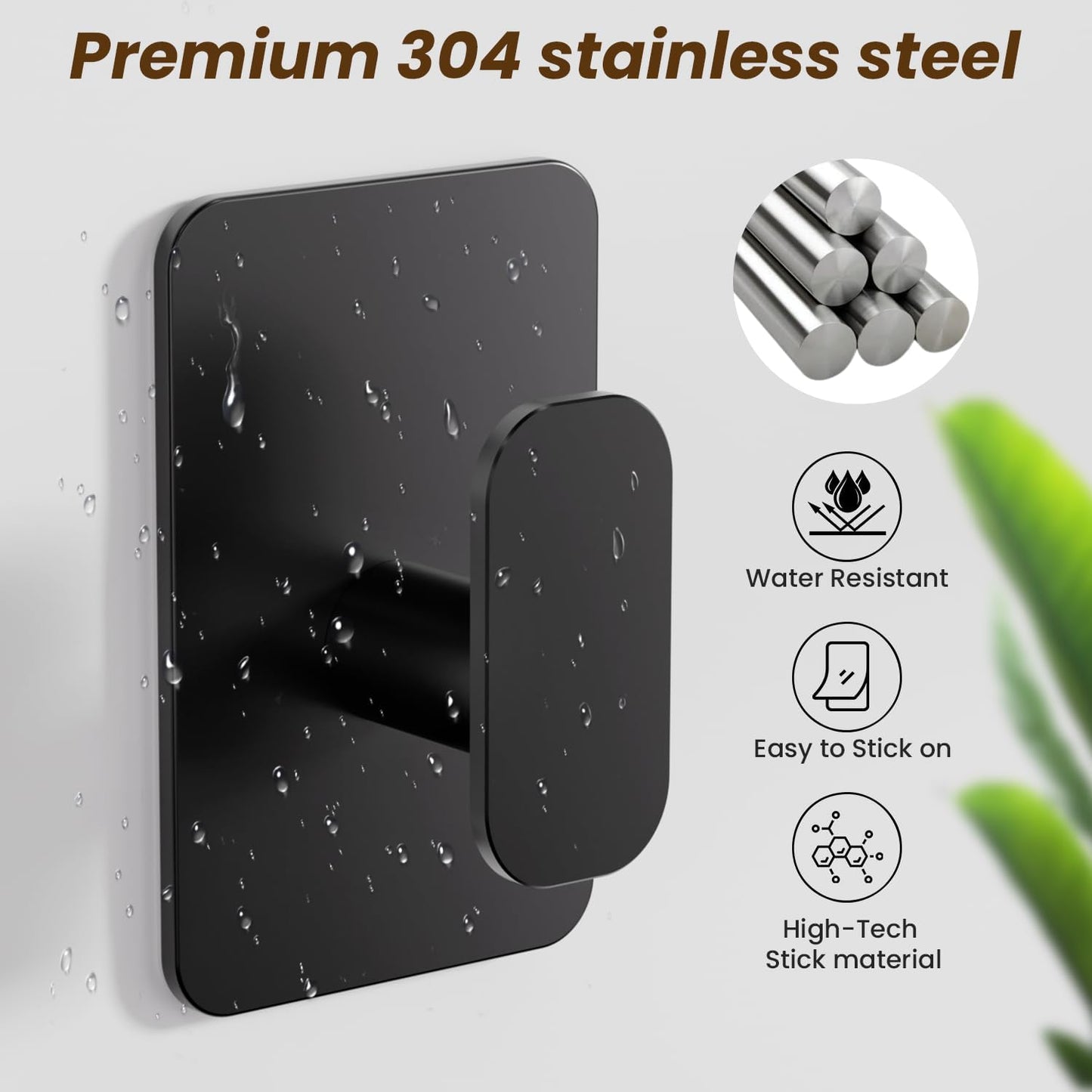 Heavy Duty Adhesive Hooks - 26lb Max, Sticky Wall Hooks Waterproof Stainless Steel for Hanging Towel, Coat, Robe, Towel Hooks Stick on Bathroom, Kitchen, Shower, Door (Black, 4 Pack)