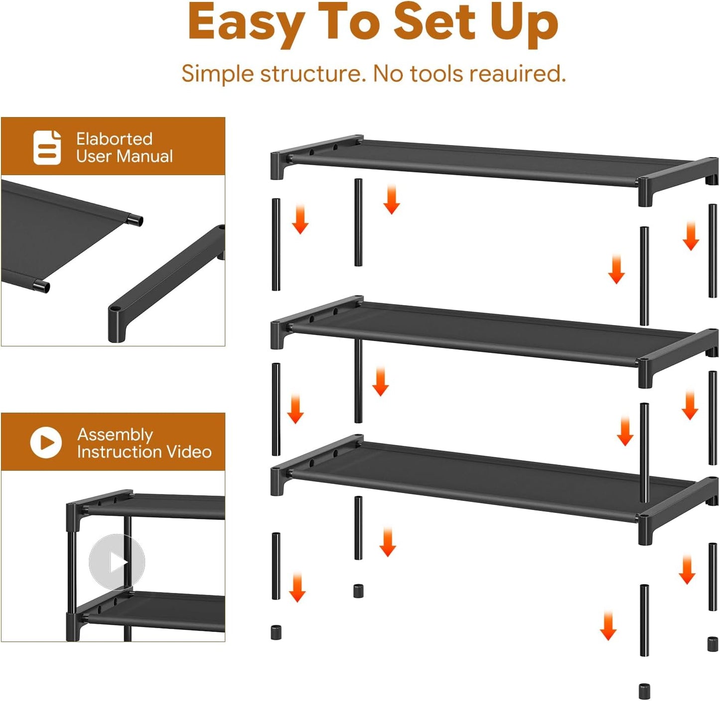 Simple Trending 3-Tier Stackable Shoe Rack, Expandable & Adjustable Shoe Shelf Storage Organizer, Wire Grid, Black