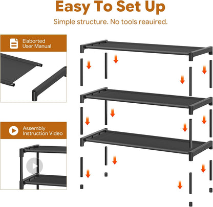 Simple Trending 3-Tier Stackable Shoe Rack, Expandable & Adjustable Shoe Shelf Storage Organizer, Wire Grid, Black