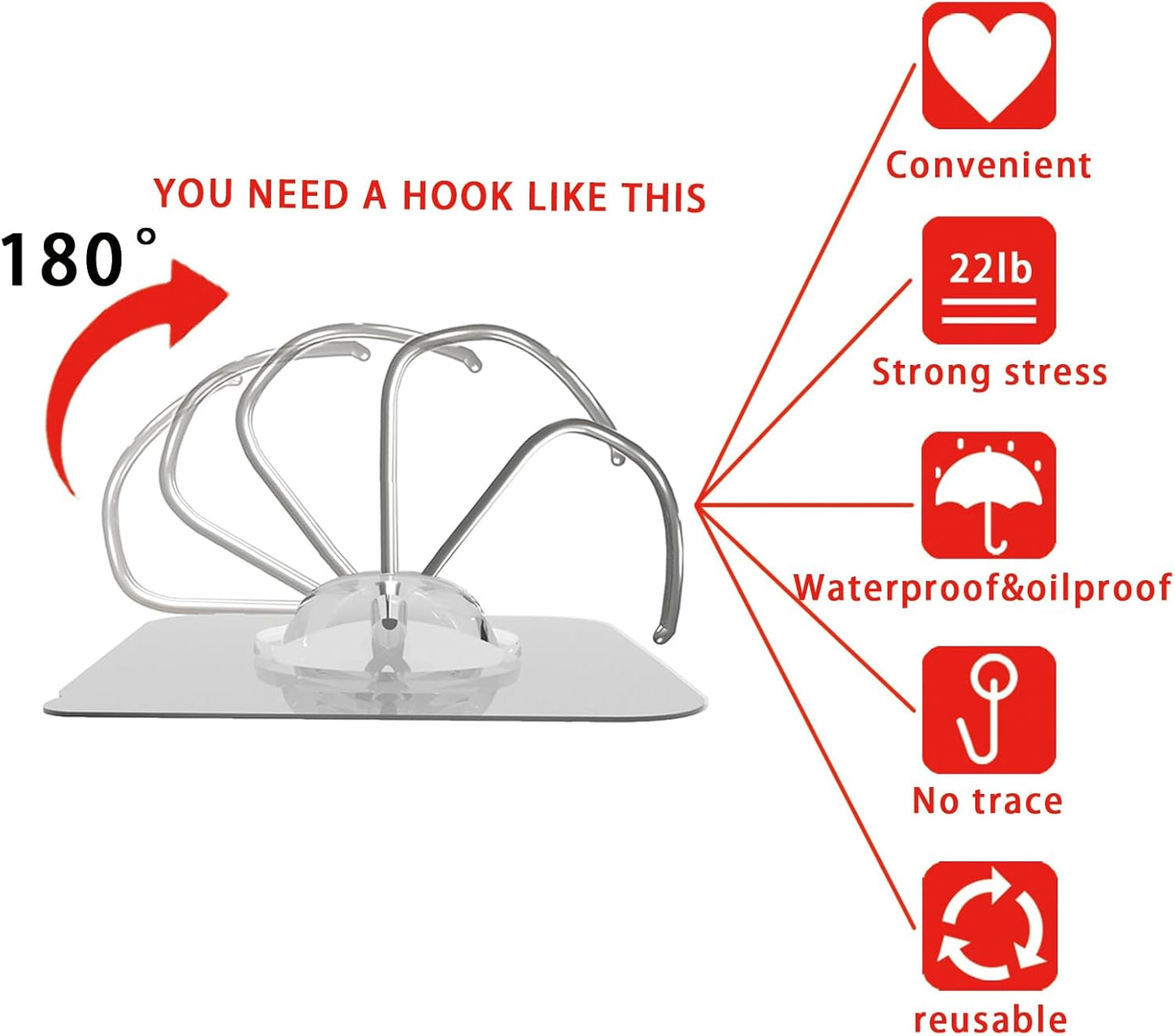 Large Hooks for Hanging Heavy-Duty 44Ib(Max) 10 Packs, Wall Hangers without Nails Self-Adhesive Traceless Clear and Removable, Waterproof and Rustproof Multiple Uses for Bathroom Kitchen Home