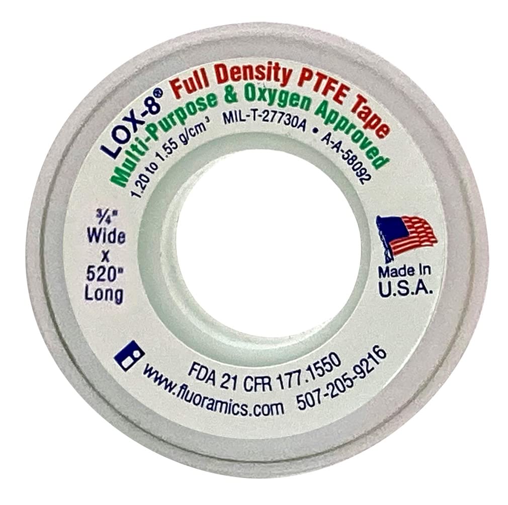 Fluoramics' LOX-8 Full Density Thread Seal Tape 1/2" Wide x 260" Length…