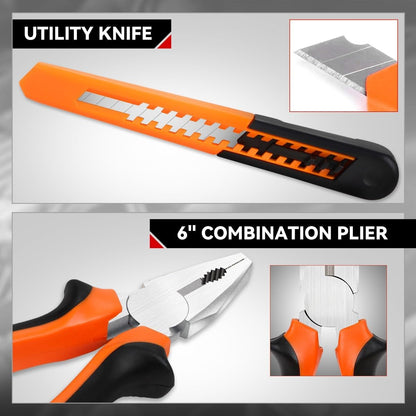 Auto Dynasty Tool Kit for Home 16-Pieces, Basic Household Hand Tool Sets with Hex Key Screwdriver and Adjustable Wrench, All in One Storage Bag for Garage, Home Maintenance, Auto Repair (Orange)