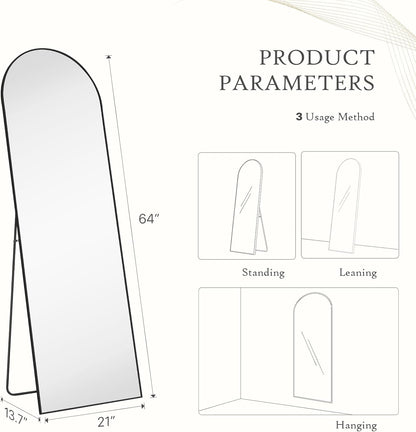 Arched Mirror Full Length, Upgraded 16"x59" Body Wall Mirrors with Shatter-Proof Glass, Floor Standing, Hanging or Leaning, Tall Arch Mirror with Stand Aluminum Alloy Frame for Bedroom Cloakroom