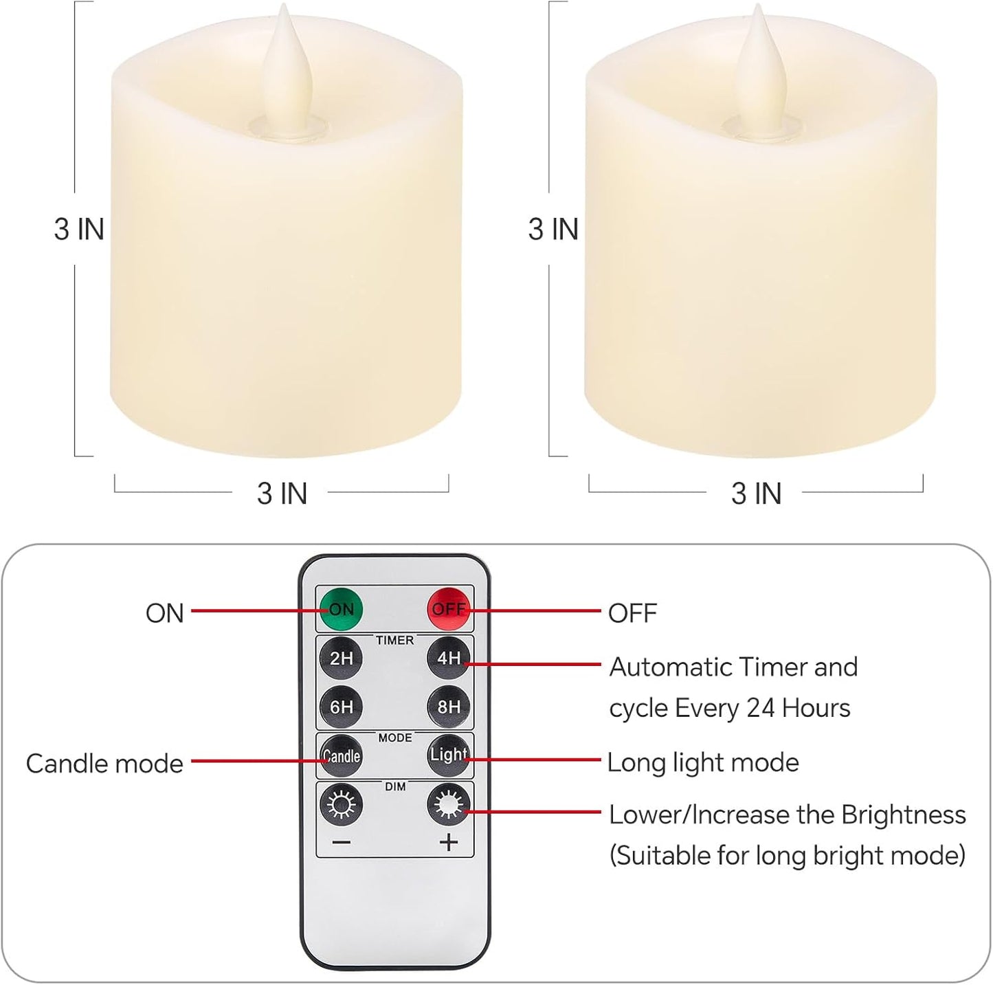 3x4 Flickering Flameless Candles Set of 3,Real Wax Pillar LED Candles,with Timer,4 inch Flameless Candles with Remote,for Party Wedding Holiday Home Decor,Ivory