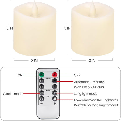 3x4 Flickering Flameless Candles Set of 3,Real Wax Pillar LED Candles,with Timer,4 inch Flameless Candles with Remote,for Party Wedding Holiday Home Decor,Ivory