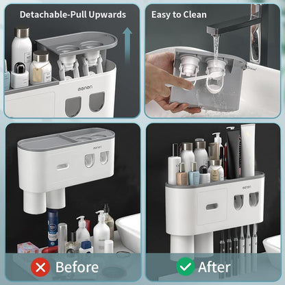 Toothbrush Holders for Bathrooms Wall Mounted, 6 Slot Toothbrush Holder with 2 Automatic Toothpaste Dispensers, 2 Magnetic Cups, Large Capacity Bathroom Organizer, Wall Storage with Drawer