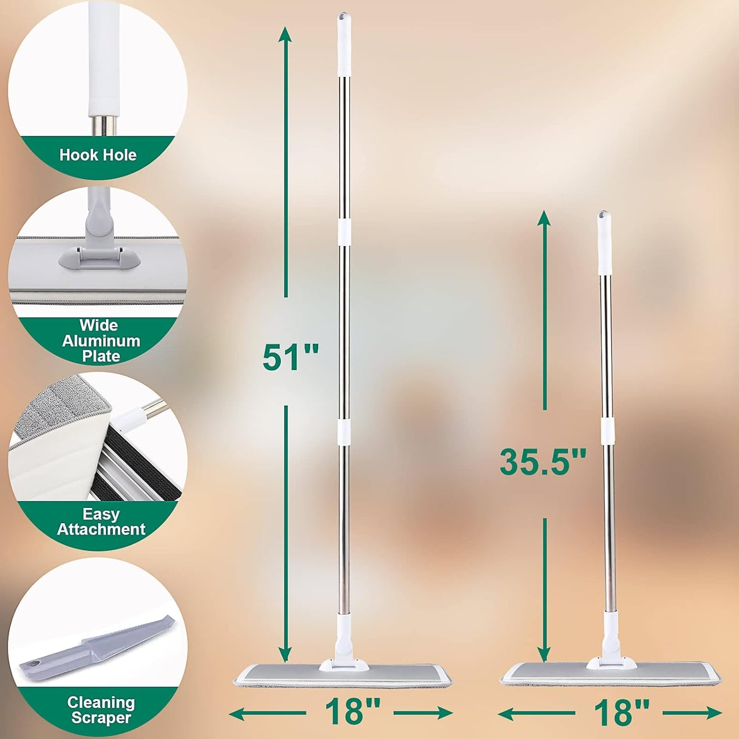 18" Professional Microfiber Mop Floor Cleaning System, Flat Mop with Stainless Steel Handle, 4 Reusable Washable Mop Pads, Wet and Dust Mopping for Hardwood, Vinyl, Laminate, Tile Cleaning