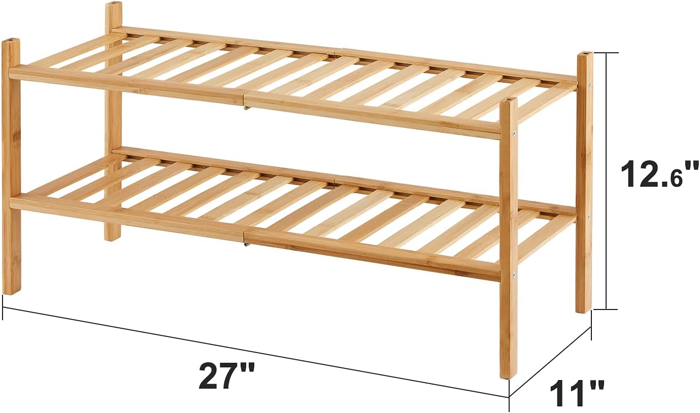 viewcare 3-Tier Black Bamboo Shoe Rack for Entryway, Stackable | Foldable | Natural, Shoe Shelf Storage Organizer for Hallway Closet, Free Standing Shoe Racks for Indoor Outdoor