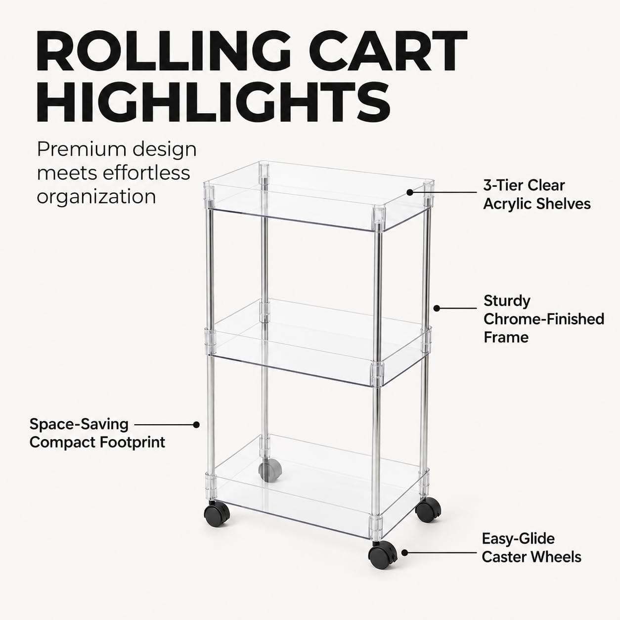 American Dream Home Chrome/Clear Acrylic Slim 3-Tier Rolling Cart Portable Narrow Storage Trolley with Wheels, Transparent Shelves for Bathroom, Kitchen, Office & Small Spaces