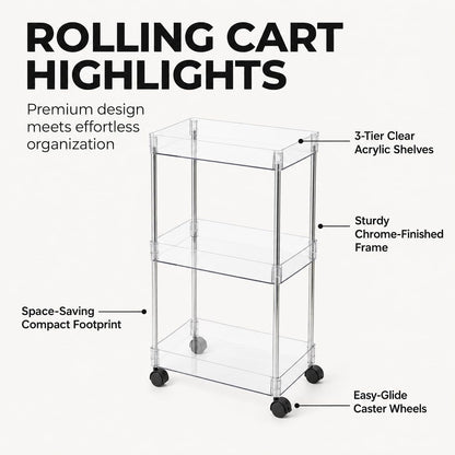 American Dream Home Chrome/Clear Acrylic Slim 3-Tier Rolling Cart Portable Narrow Storage Trolley with Wheels, Transparent Shelves for Bathroom, Kitchen, Office & Small Spaces
