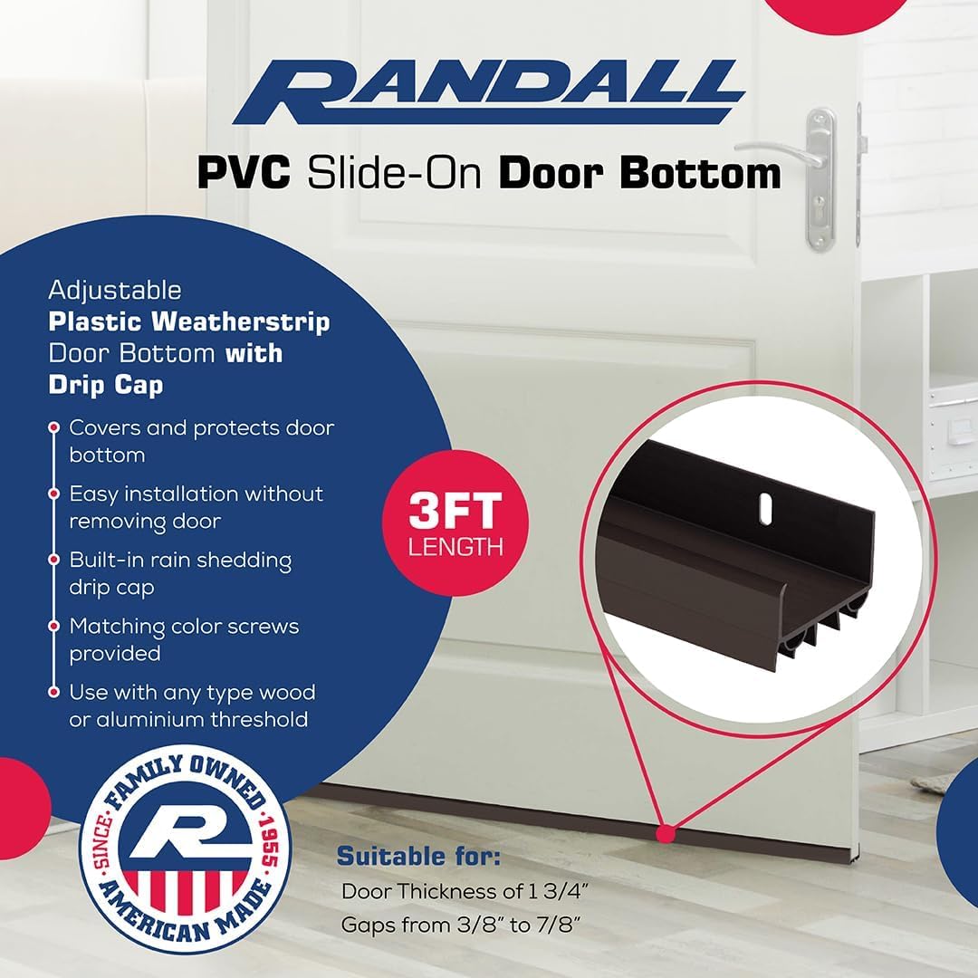 PVC Slide-On Door Bottom | Adjustable Plastic Weatherstrip Door Bottom with Drip Cap | 3 Feet (36-Inch) | for 1 3/4” Doors | Black | Fits Gaps 3/8” to 7/8” | Made in The USA