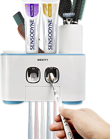 Toothbrush Holder Wall Mounted, WEKITY Multi-Functional Toothbrush and Toothpaste Dispenser for Bathroom, with 5 Toothbrush Slots, 2 Toothpaste Squeezers and 4 Cups(Grey)