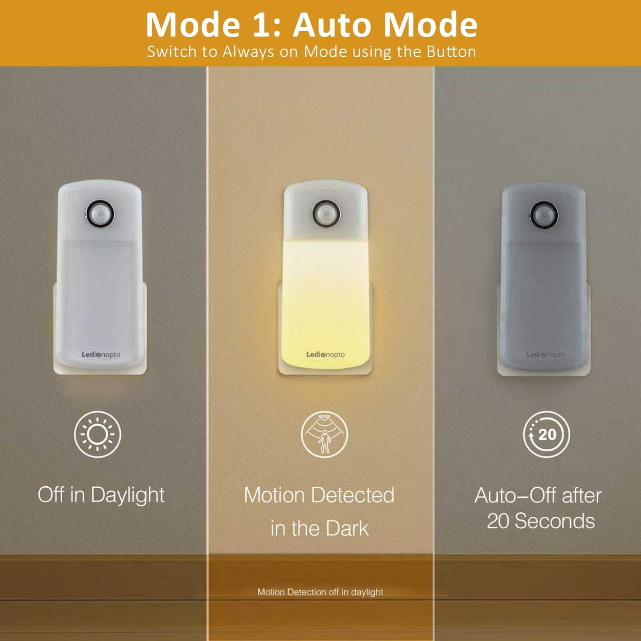 Night Light Plug into Wall with Motion Sensor, Auto On/Off, Portable with 3 Adjustable Modes, Nightlight for Kids, Nursery, Bedroom, Bathroom and Hallway (2 Pack)