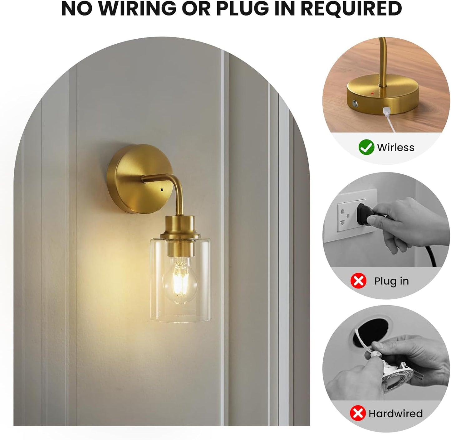 Epinl Battery Operated Black Wall Sconce Set of 2, Wireless Rechargeable Wall Lights with Remote Control, Modern Dimmable Wall Mount Lamps for Bedroom Living Room Bathroom, 3000K