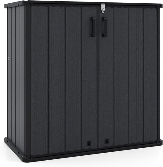 Tangkula 23.5 Cu.ft Outdoor Storage Shed, All-Weather Resin Patio Storage Box with Floor, Lockable Door & Removable Shelf, Waterproof Deck Box for Garden Tools