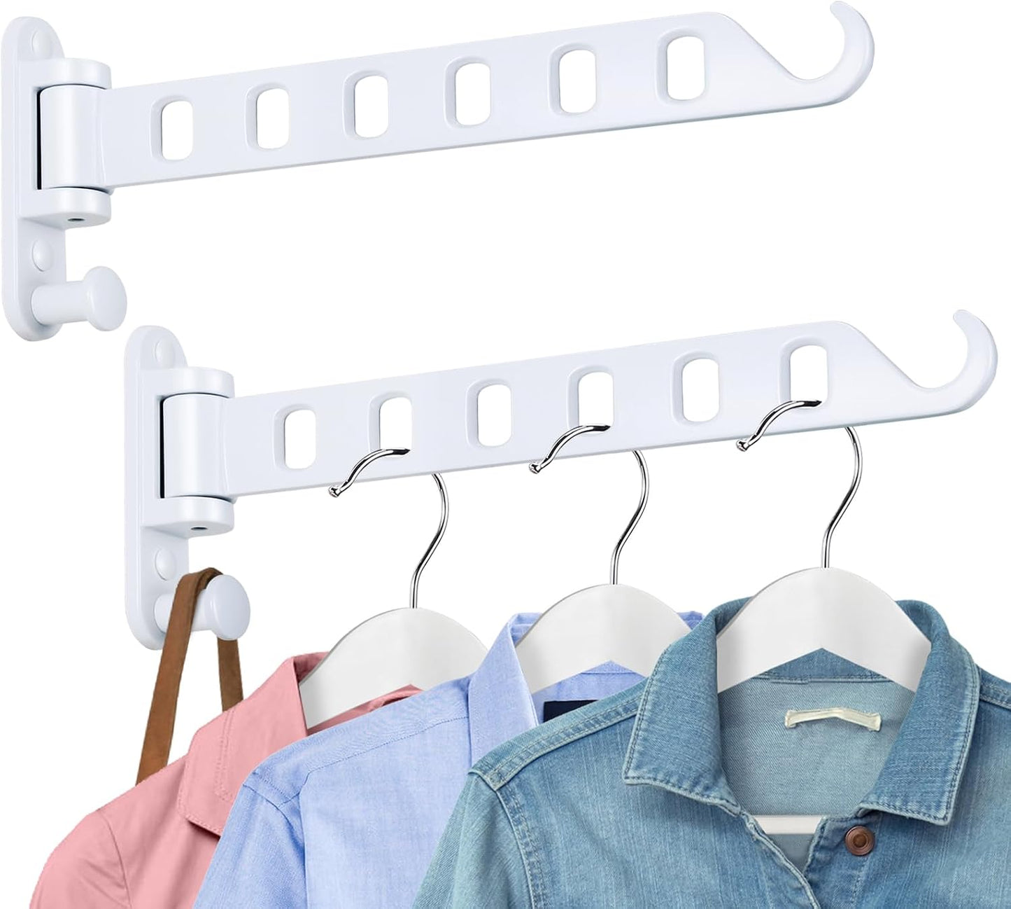 Wall Mounted Clothes Hanger with Swing Arm - 8-Hole Laundry Room Drying Rack | 180° Rotation & Space Saving for Hanging Clothes | Swing Away Coat Hanger | Aluminium(2-Pack, White)