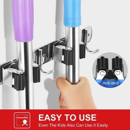 IMILLET 2 Pack Wall Mount Broom Holder Stainless Steel 5 Racks with 4 Hooks Broom Organizer Self Adhesive Heavy Duty Laundry Room, Garage Organization Storage