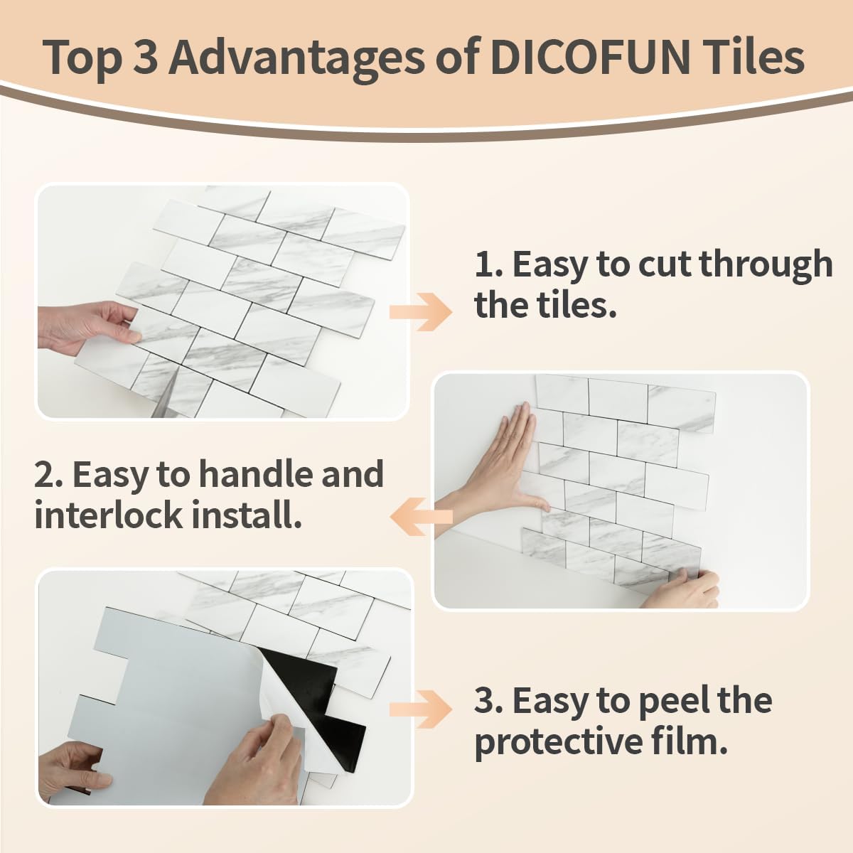 DICOFUN 10-Sheet Polished White Thick PVC Peel and Stick Backsplash, Ceramic Look Subway Tile White Kitchen Backsplash Peel and Stick Wall Tiles