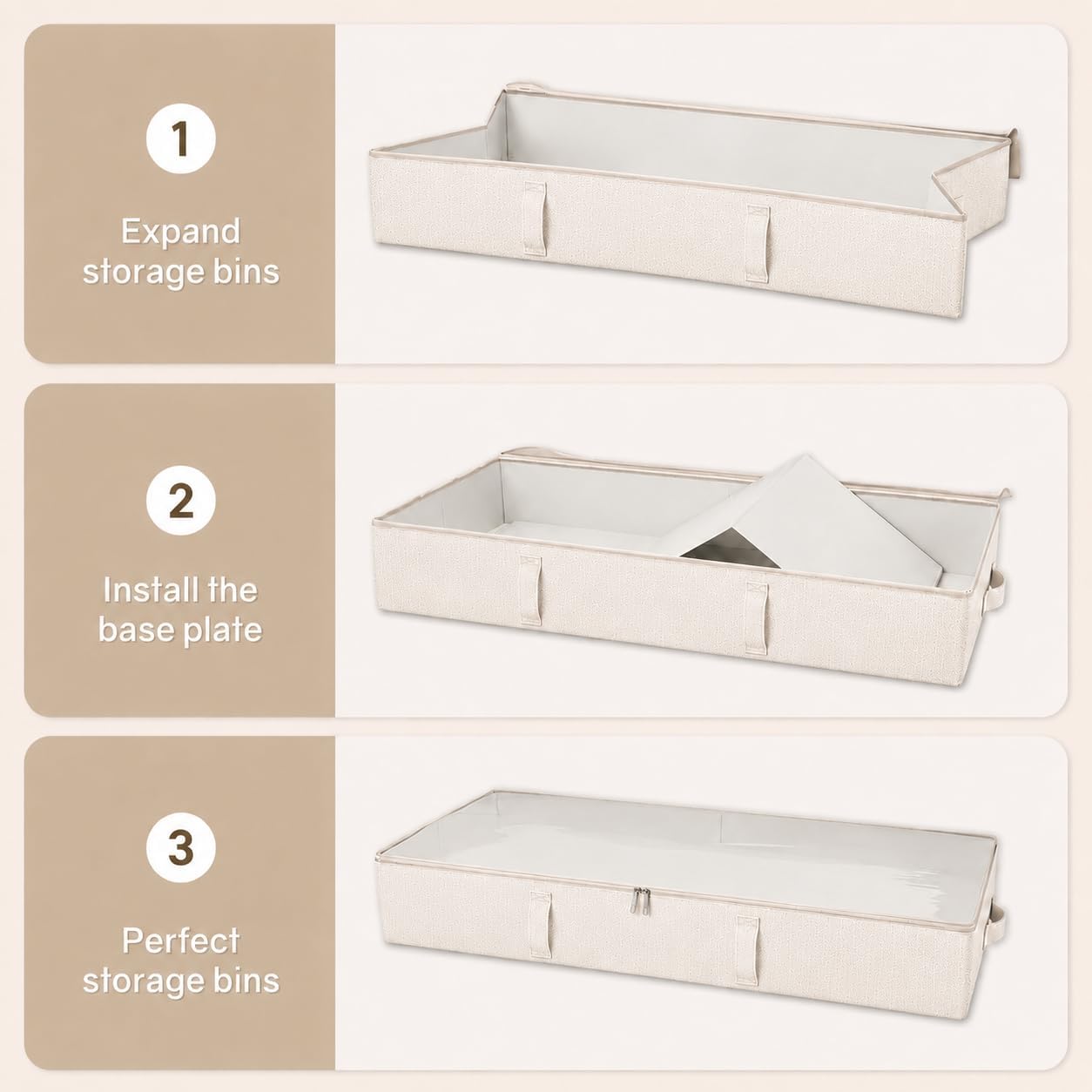 Vailando Side-Supported Under Bed Storage Containers, 6 Inches Tall 60L Underbed Storage Bins with Sturdy Handles and Sidewalls, Closet Organizer for Clothes, Blankets, Seasonal Items, Beige, 2-Pack