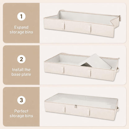 Vailando Side-Supported Under Bed Storage Containers, 6 Inches Tall 60L Underbed Storage Bins with Sturdy Handles and Sidewalls, Closet Organizer for Clothes, Blankets, Seasonal Items, Beige, 2-Pack