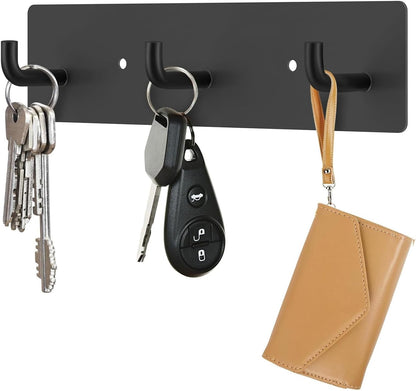 RELBRO Key Holder Wall Mount, Small Metal Self Adhesive Key Rack with 3 Hooks, 2 Installation Options, Black