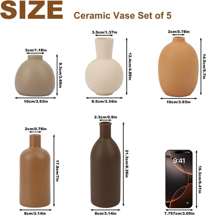 Ceramic Vase Set of 5, Neutral Decorative Vases for Home Decor, Modern Farmhouse Boho Pottery Vases, Terracotta Small Vases for Living Room, Entryway Table Decor