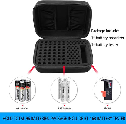 Comecase Battery Storage Case with Tester, Holds 148+ AA AAA C D 9V, Black | Hard-Shell Design, Carry Handle and Custom Foam Slots Keep Batteries Visible, Separated and Ready for Home, Garage or Office