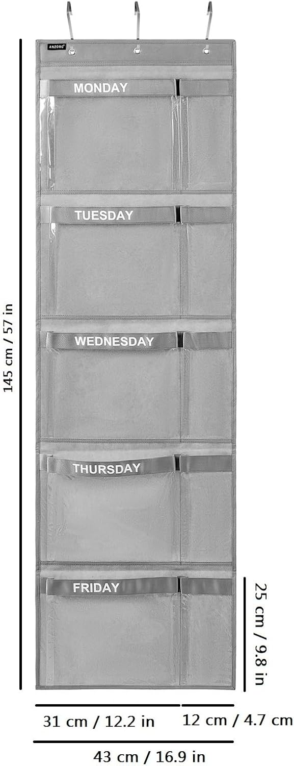Weekly Kids Clothes Organizer Day of Week School Clothing Storage Monday to Friday Hanging Closet Organizer (GREY)