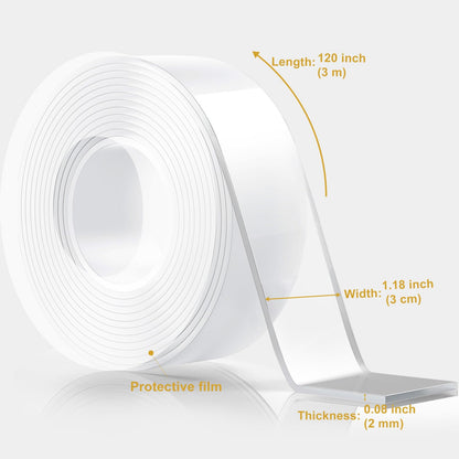 WINNOW Double Sided Heavy Duty Extra Strong Adhesive Tape - 1.2" x 120" (Pack of 1) Indoor/Outdoor Household Nano Tape for Hanging Decorations, Lights, Garlands - Reusable and Damage-Free