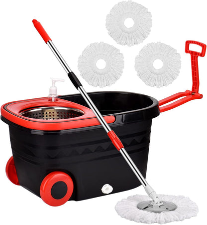 Mop and Bucket Set, 360° Spin Mop and Bucket with Wringer Set and 3 Microfiber Mop Refills, Stainless Steel 61" Extended Handle Spinning Mop Bucket System for Floor Cleaning