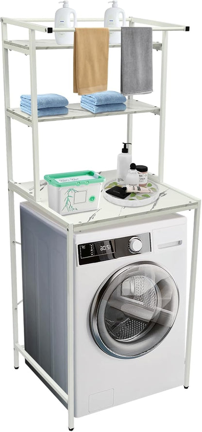 Bathroom Space Saving Organizer Rack,3-Tier Dryer Storage Shelf,Space Saver Standing Rack,Over The Toilet Washer Dryer,Washing Machine Storage Shelves,Bathroom Shelf (White+Marble)