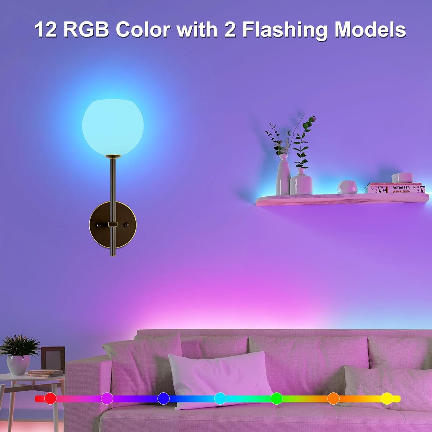 Brass Battery Operated Wall Sconces Set of 2, Rechargeable Wireless Wall Lights with Milky White Frosted Glass, 12 RGB and 3CCT Dimmable, Wall Lamps with Remote for Bedroom Living Room Hallway