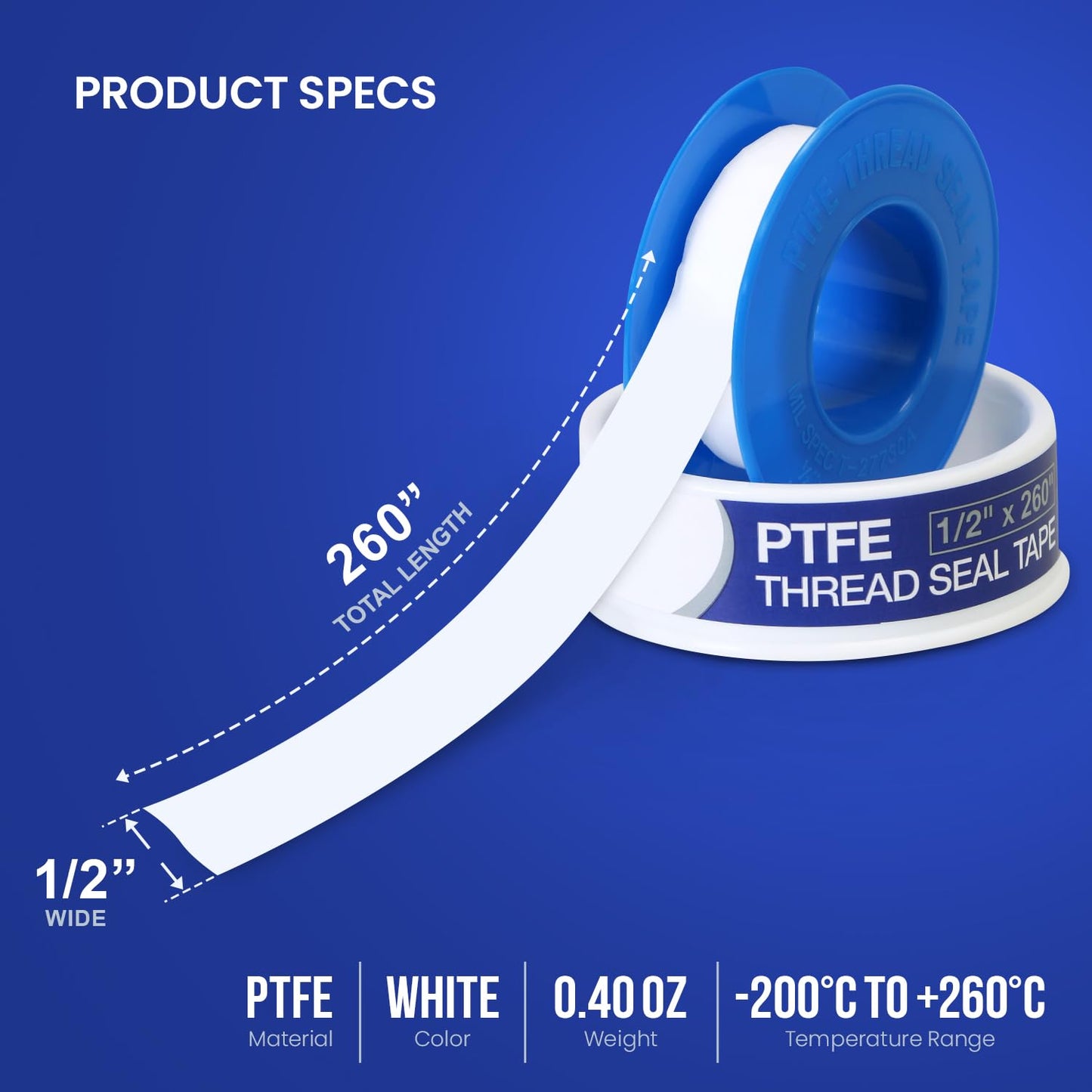 Supply Giant Plumbers PTFE Tape 1/2" W x 520" L Pipe Thread Tape, High Density Thread Sealant Tape Water Seal Plumbing Tape for Shower Head, Pipes, Gas Lines, Leak Prevention