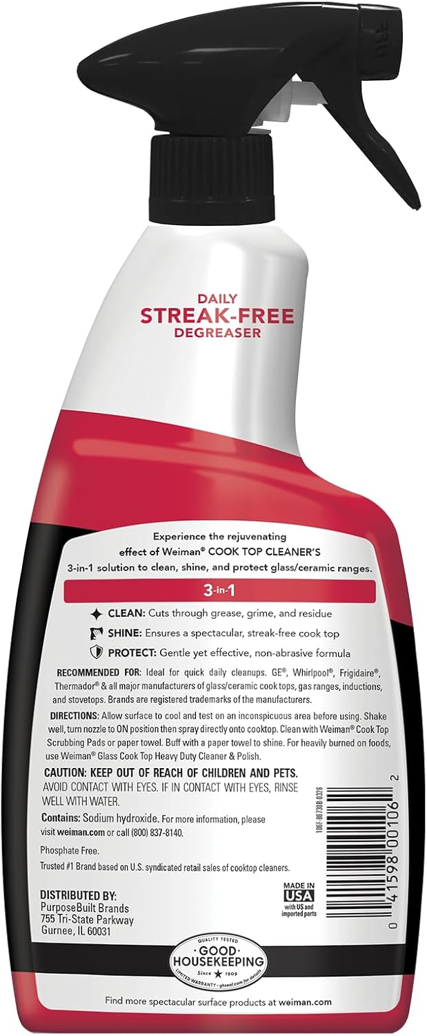 Weiman 22 Fl Oz Cooktop Cleaning Spray & Microfiber Cloth – Cooktop & Oven Cleaner for Streak & Residue Free - Non-Abrasive Degreaser Safe for Glass & Ceramic
